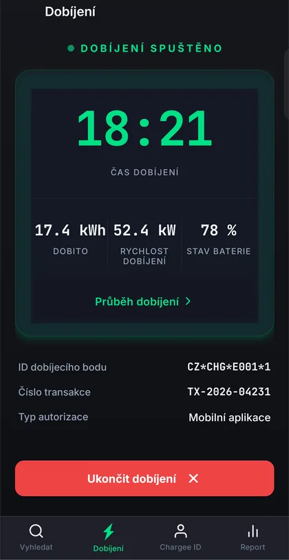 Průběh dobíjení v aplikaci Chargee