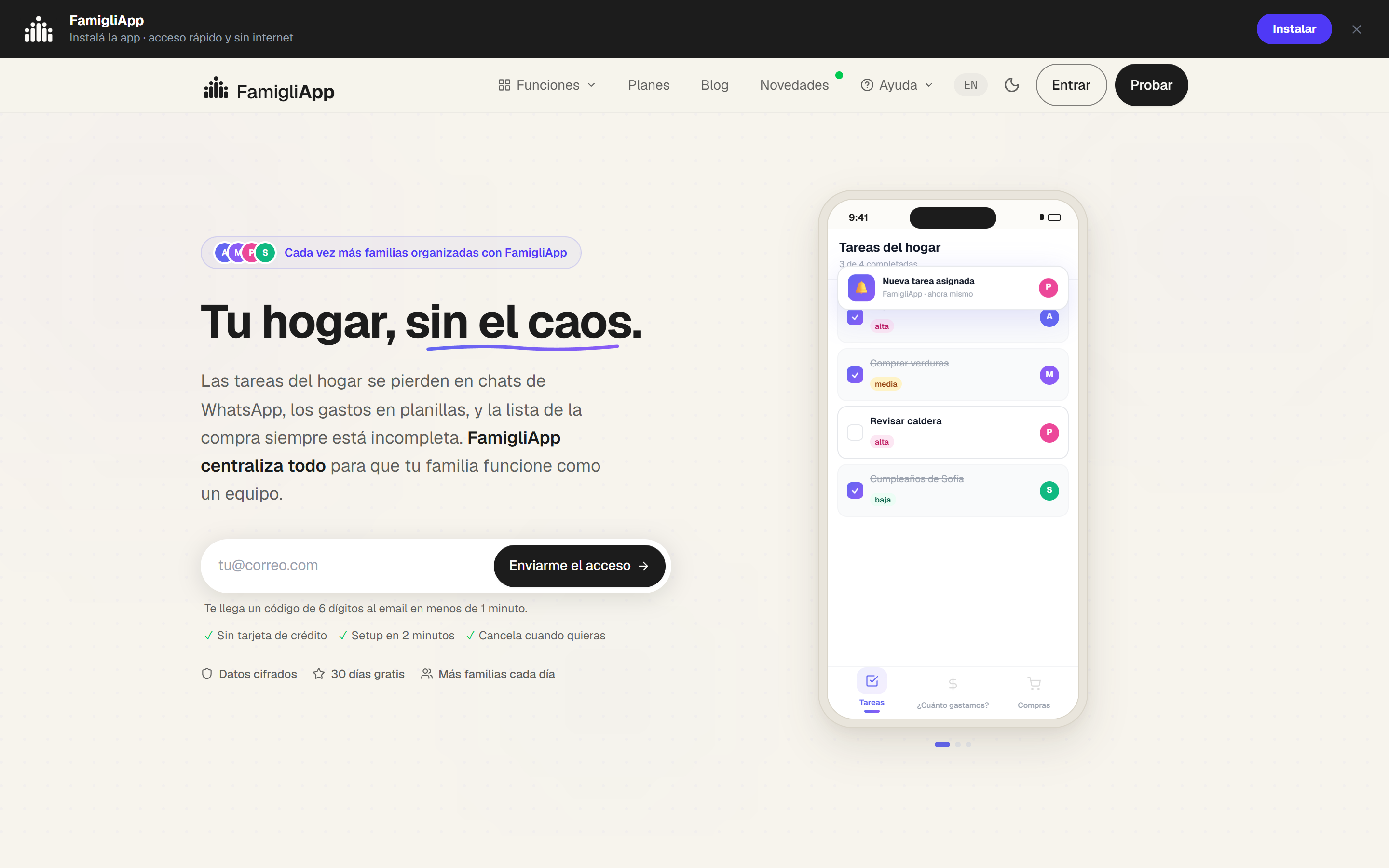 FamigliApp generalist V1 homepage, light theme