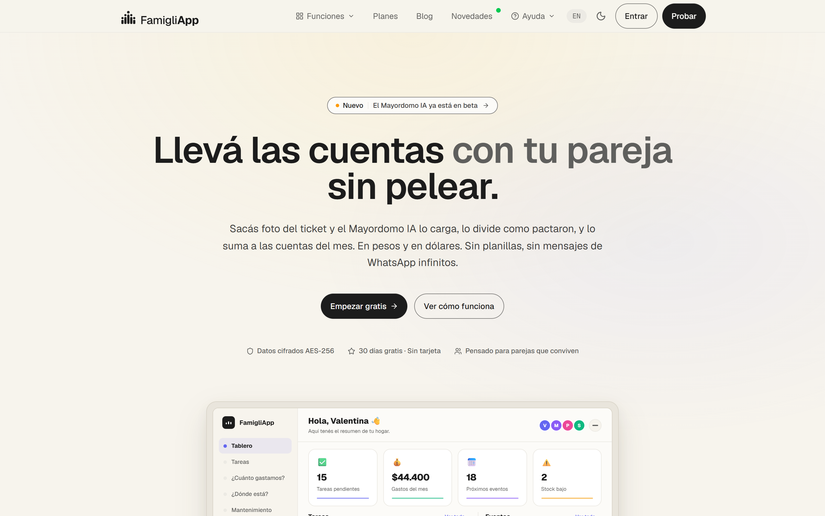 FamigliApp couples V2 homepage, light theme