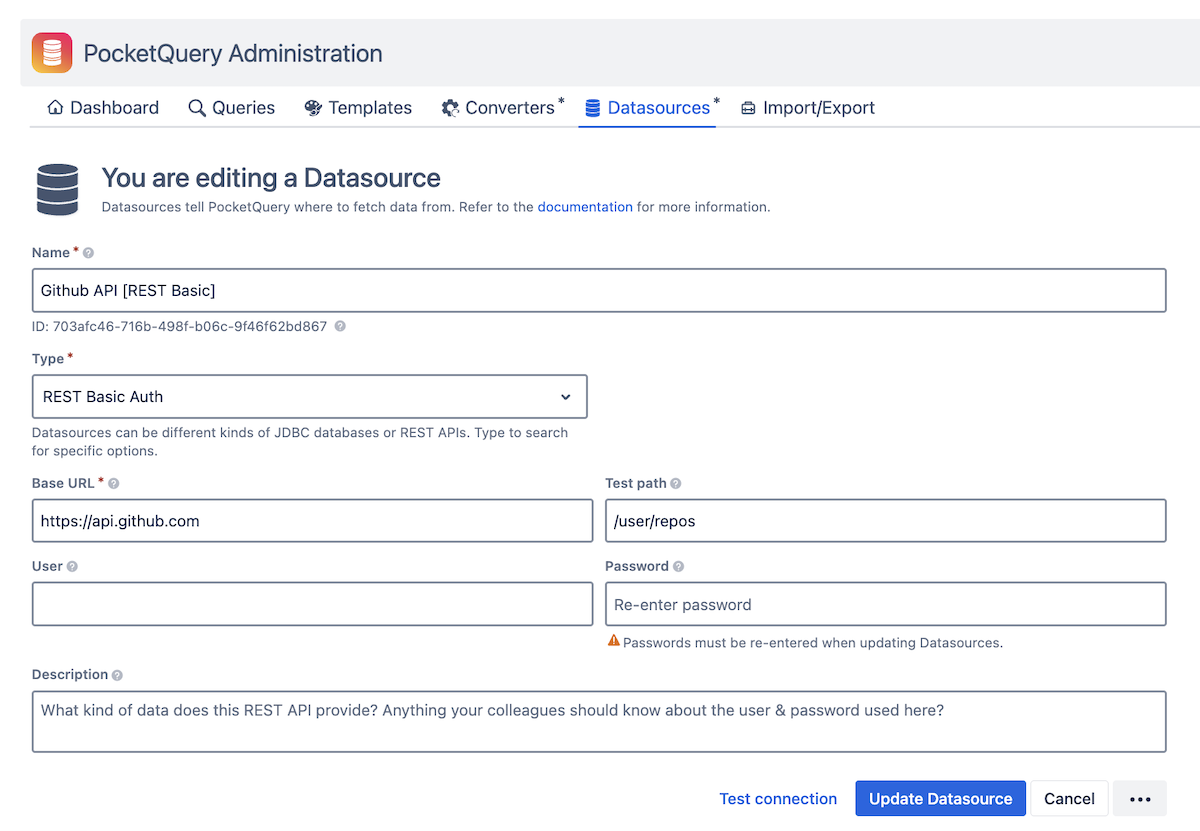 Setting up a REST data source in PocketQuery using the GitHub API