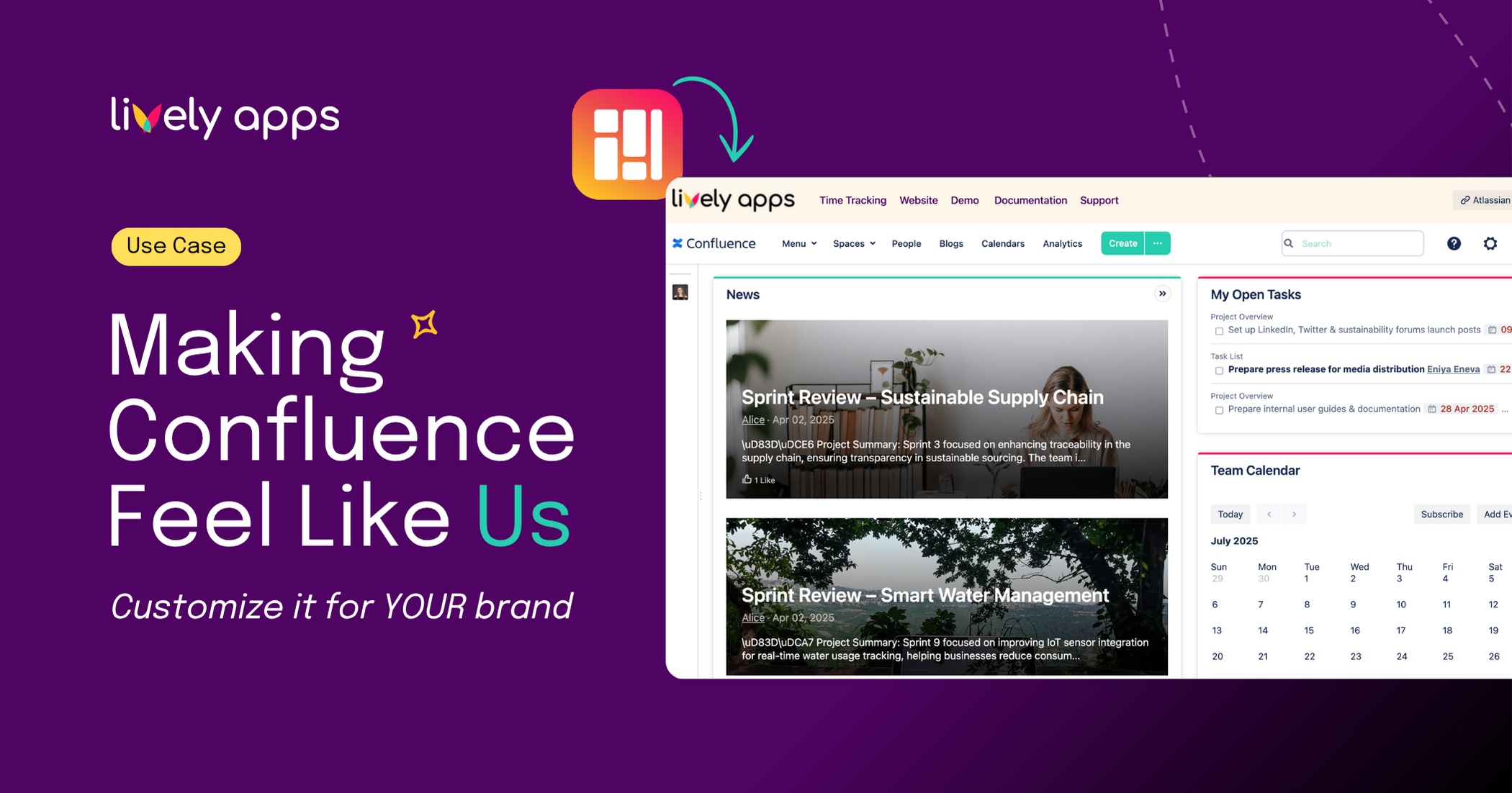 Customized Confluence dashboard using Lively Theme, showing a styled layout with company branding, news section, open tasks, and team calendar.