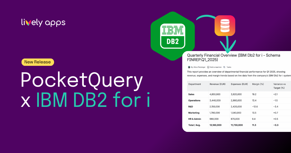 PocketQuery IBM Db2 for i integration — connect enterprise data from IBM Power Systems (AS/400) to Confluence for live financial and ERP dashboards.