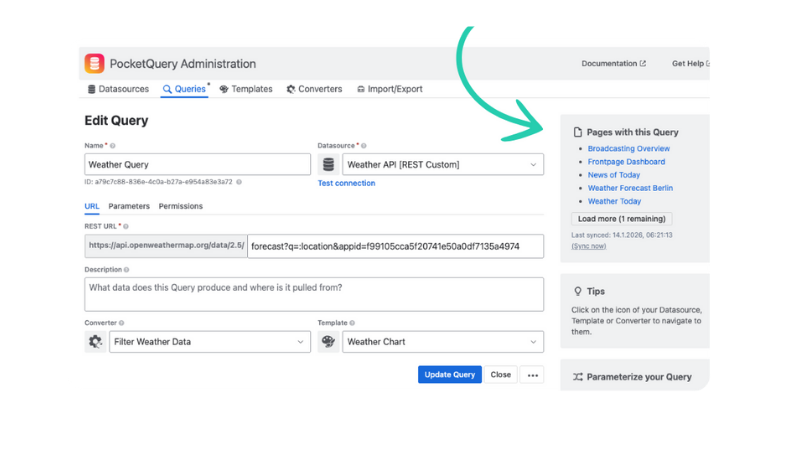 PocketQuery query editor in Confluence Cloud showing the new Query Usage sidebar with a list of pages using the query