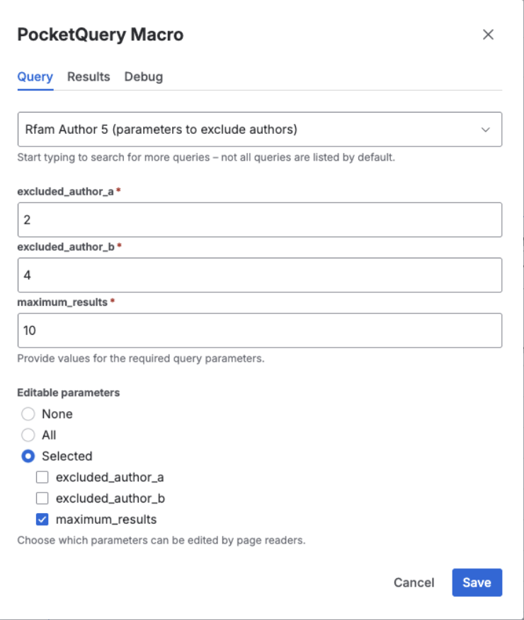 PocketQuery macro settings showing query parameters and the Editable Parameters option set to Selected.