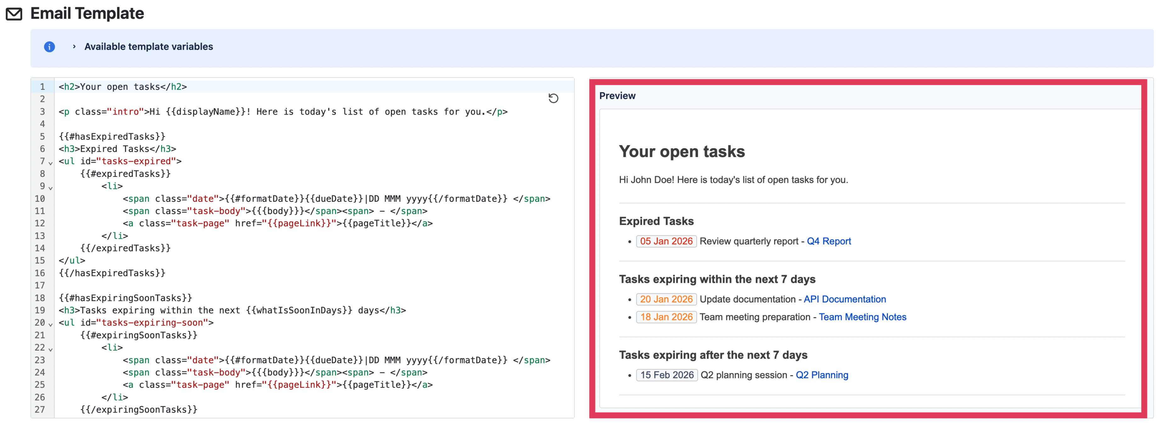 Preview of a customized Task Reminder email next to the template code editor in Confluence.