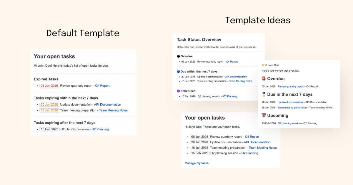Examples of different Task Reminder email templates, including the default layout and customized variations