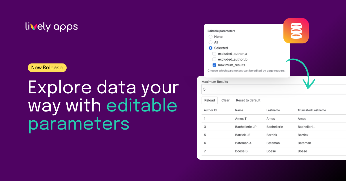 Promotional graphic for PocketQuery highlighting editable parameters, showing a Confluence table with adjustable filters and a purple Lively Apps background.