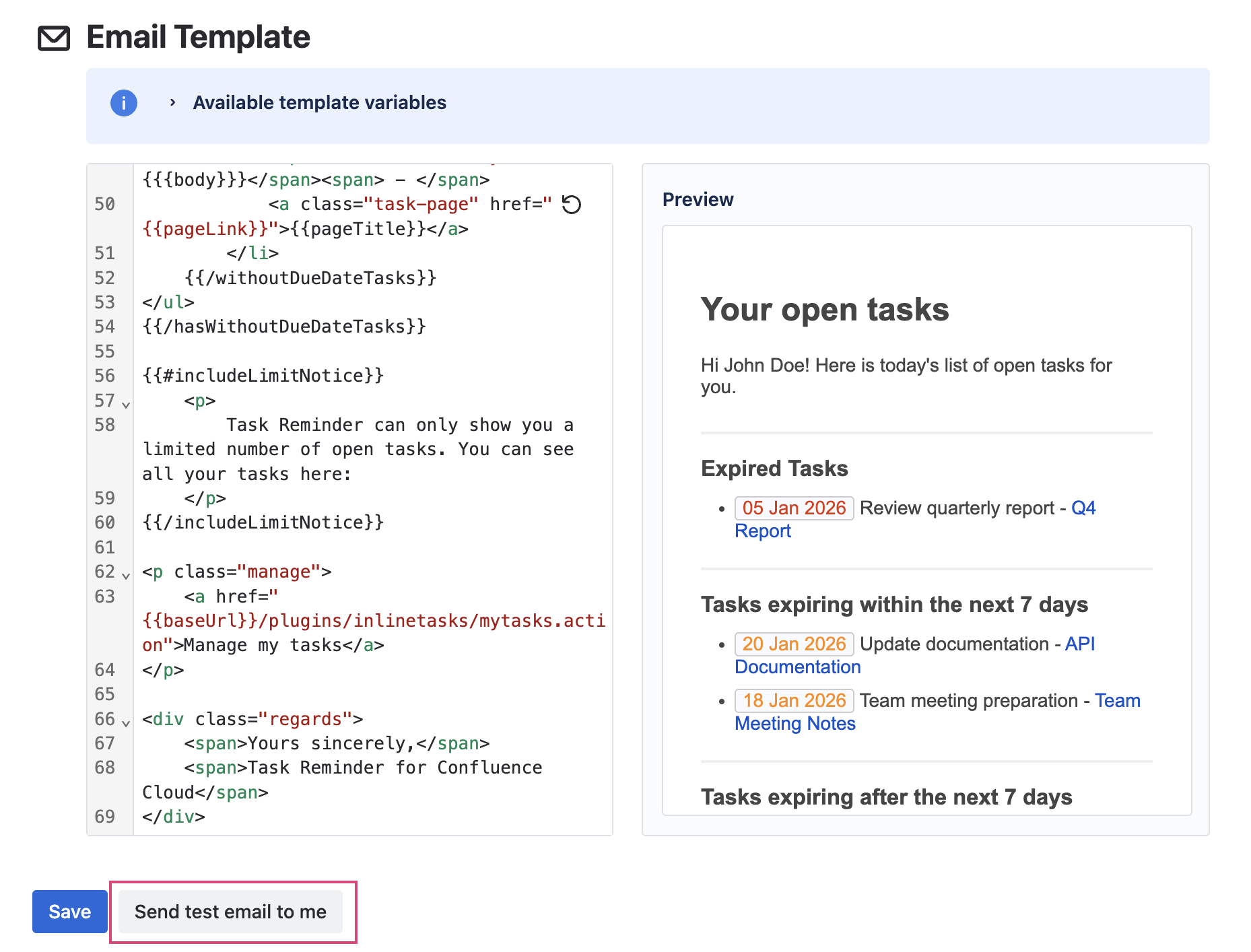 Task Reminder email template editor in Confluence showing customizable HTML template variables, a preview of reminder emails with open tasks, and the “Send test email to me” button used to verify the email layout.