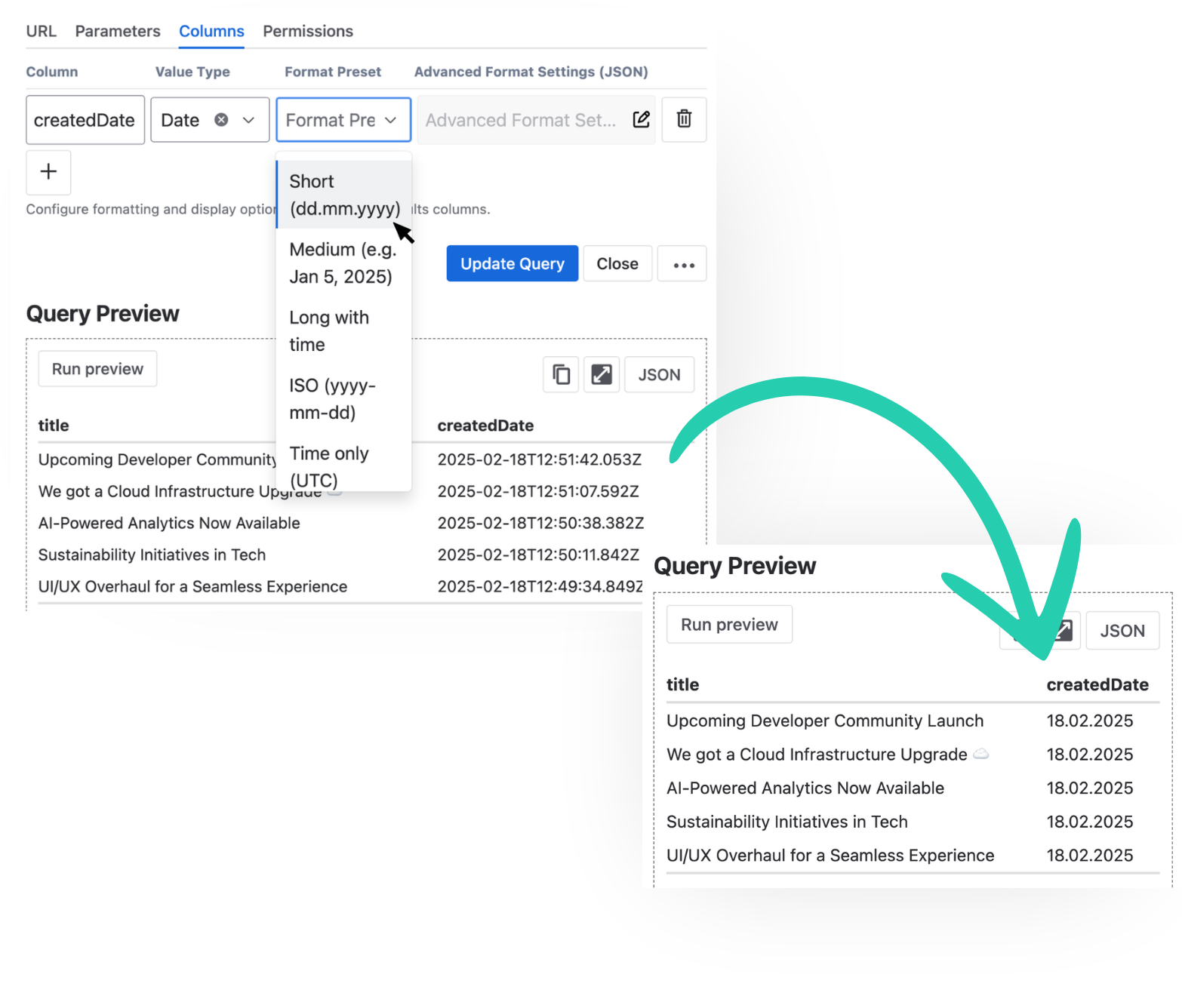 PocketQuery column formatting settings showing date format presets and the query preview updating the createdDate column from ISO timestamps to a formatted date.