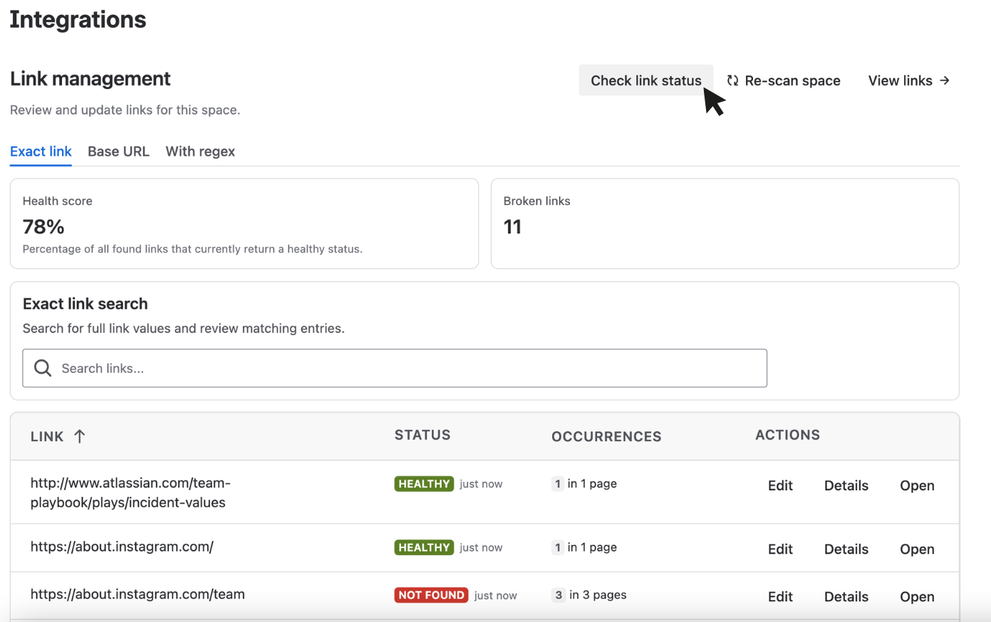 Link Management interface in Confluence showing the link status check. A list of links is displayed with their status indicators (green checkmarks and red error icons) and the number of occurrences across pages