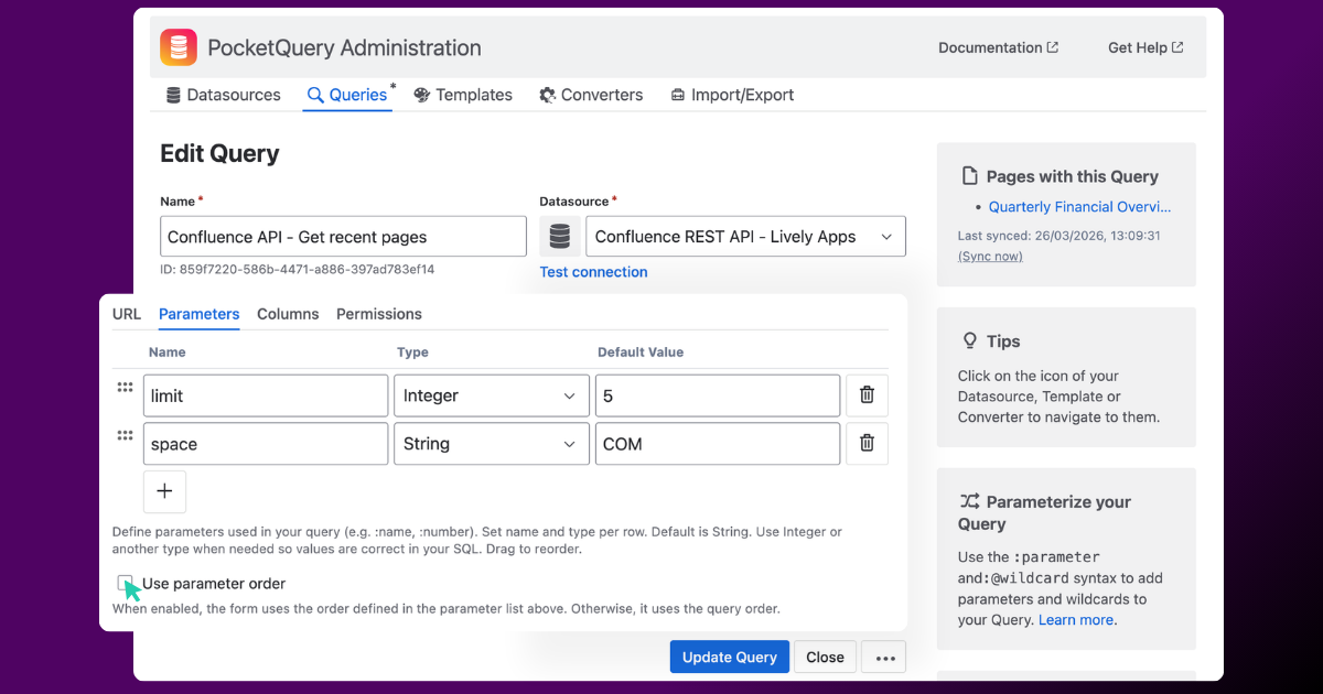 PocketQuery query editor showing parameter configuration for a Confluence REST API query, including limit and space parameters with default values and option to reorder parameters