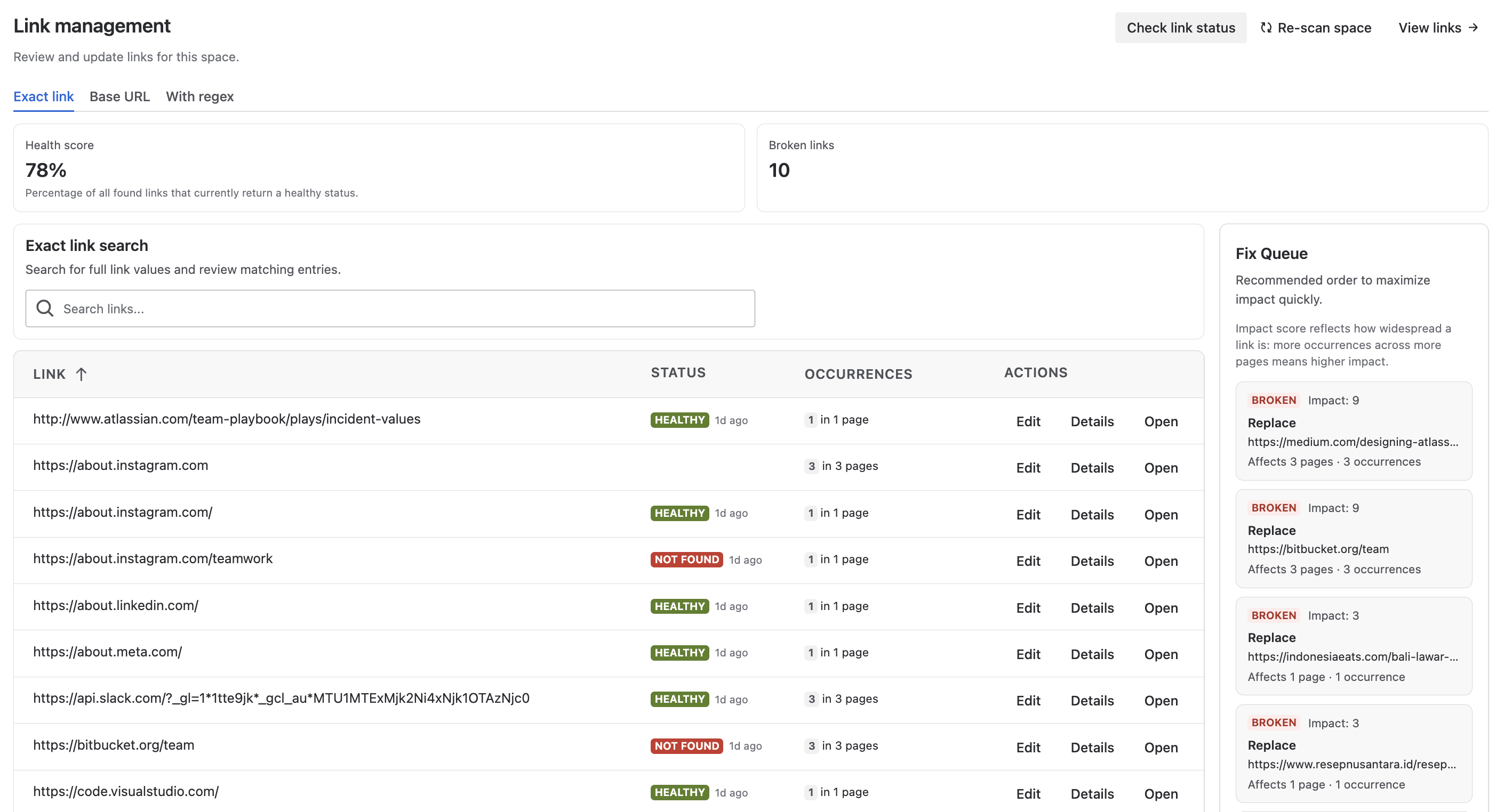 Link Management interface in Confluence showing the link status check. A list of links is displayed with their status indicators (green checkmarks and red error icons) and the number of occurrences across pages