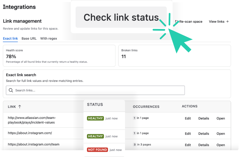 Screenshot of Link Management advanced dashboard with broken link checker and health status