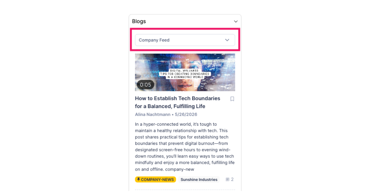 Screenshot of Lively Blogs feed with Dropdown to switch between feeds