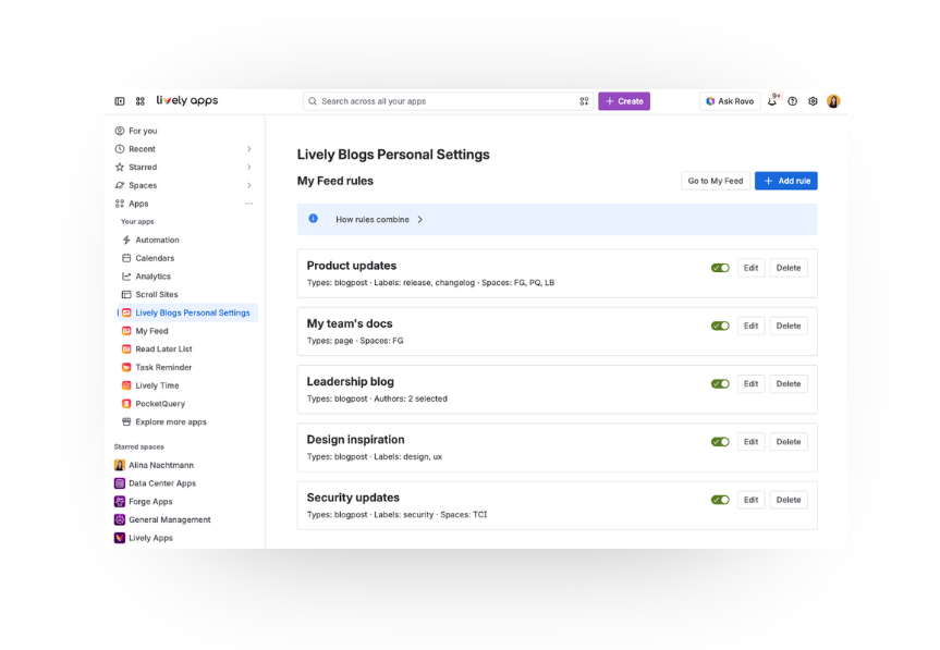 Screenshot of Lively Blogs Personal Settings with rules