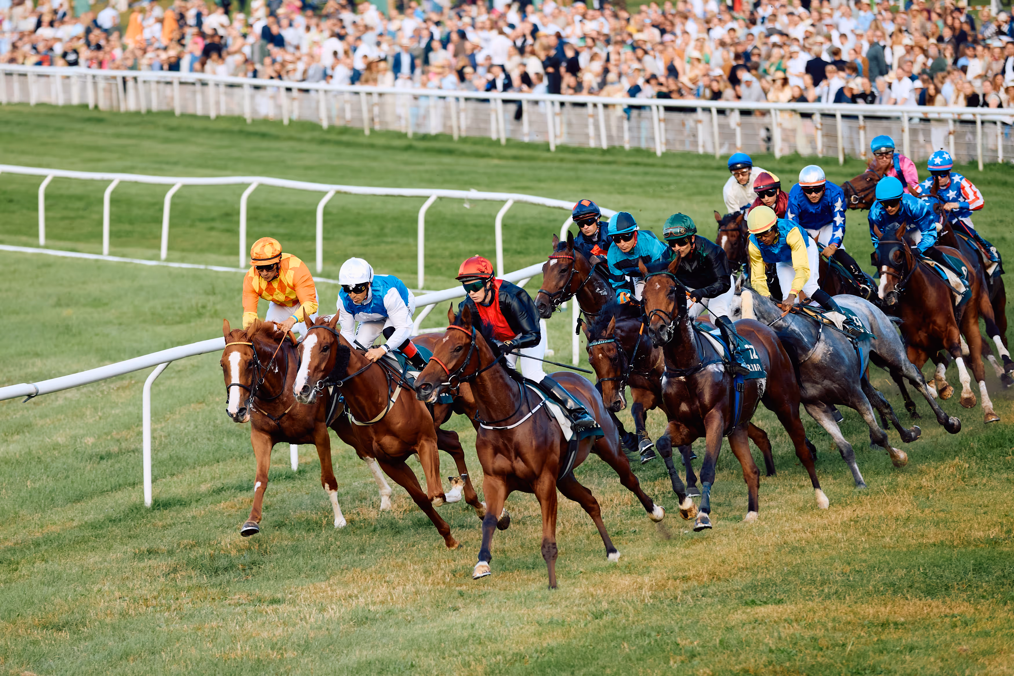 Jockeys in colorful gear riding horses in a close horse race on grass with a crowd watching.