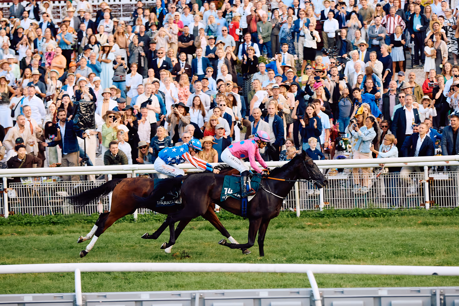 Man in a black top hat and jacket reading a Bet25 Derby 2025 booklet outdoors with another man nearby.