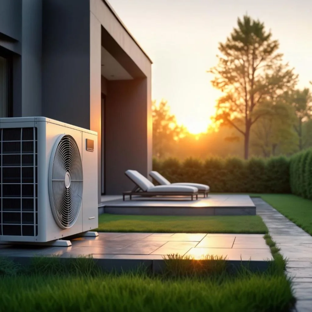 pompe à chaleur à l'extérieur d'une maison, lumière du coucher de soleil