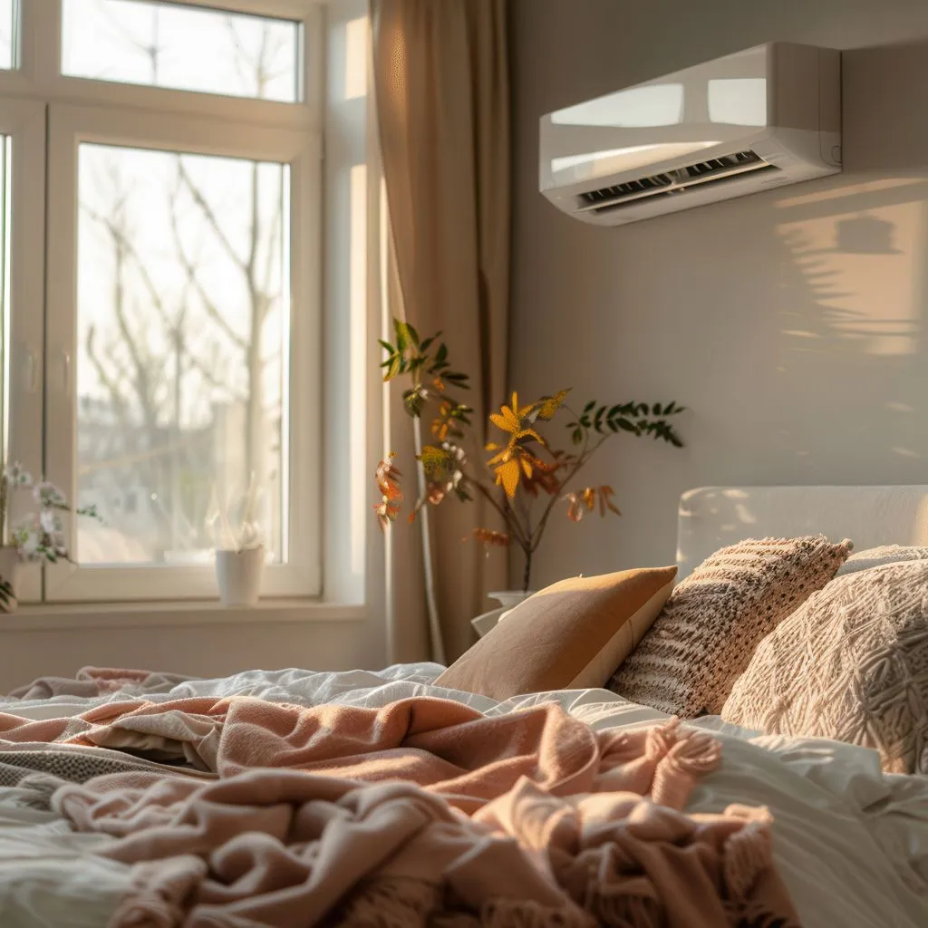 Climatisation à l'intérieur d'une chambre. On voit un lit avec des coussins et un plaid rose clair. Belle lumière naturelle.