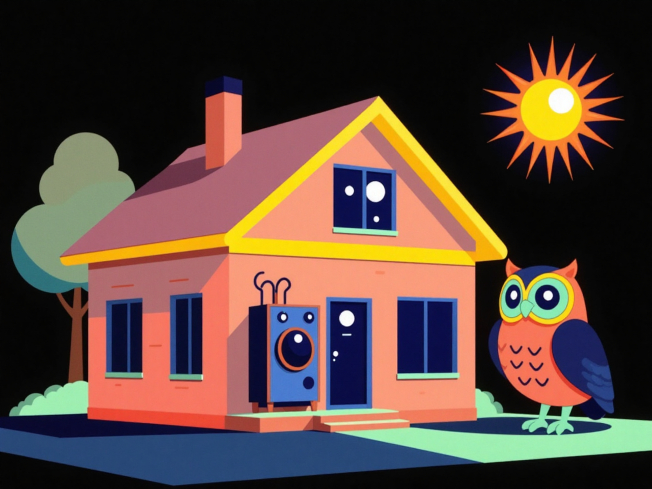 Illustration d'une maison équipée d'une pompe à chaleur avec le hibou qui est la mascotte de la marque, posée à côté