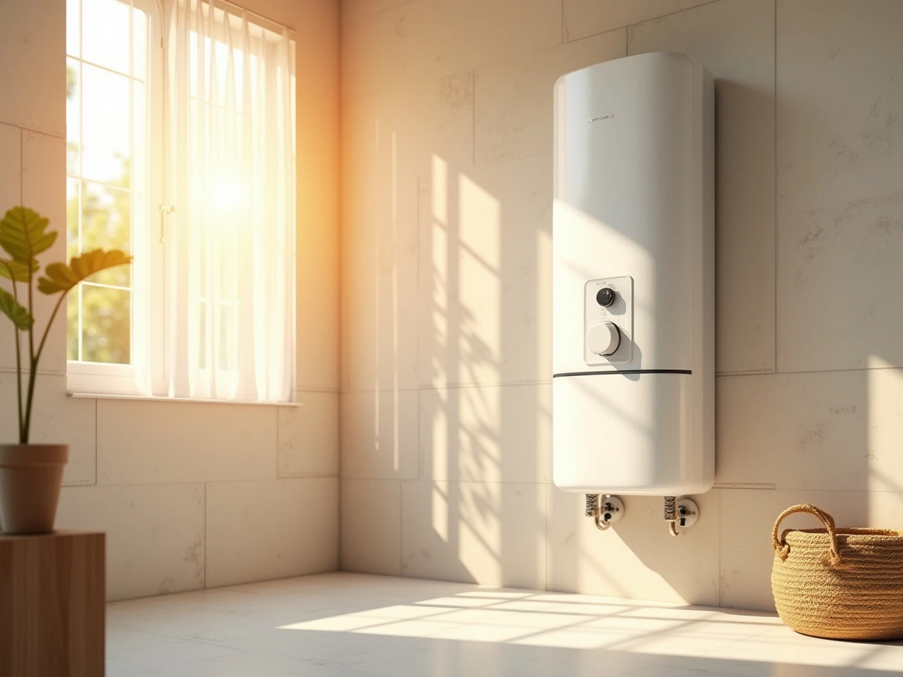 pompe a chaleur eau eau dans une piece couleur beige. Fenetre qui laisse transparaitre une belle luminosite.