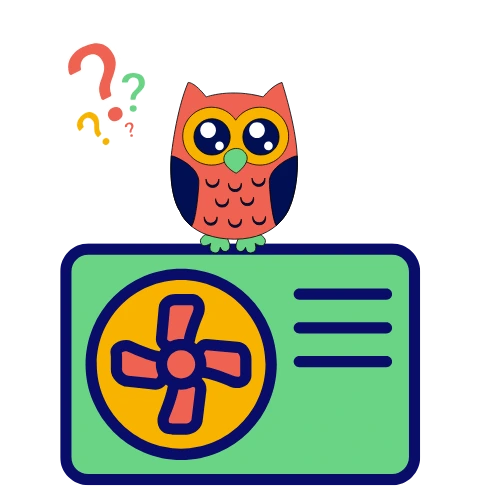 Hibou (mascotte de la marque) posé sur une pompe à chaleur. Au dessus de sa tête à gauche il y a des points d'interrogation. 