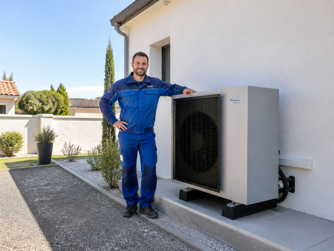 Technicien installant une pompe à chaleur air eau extérieure