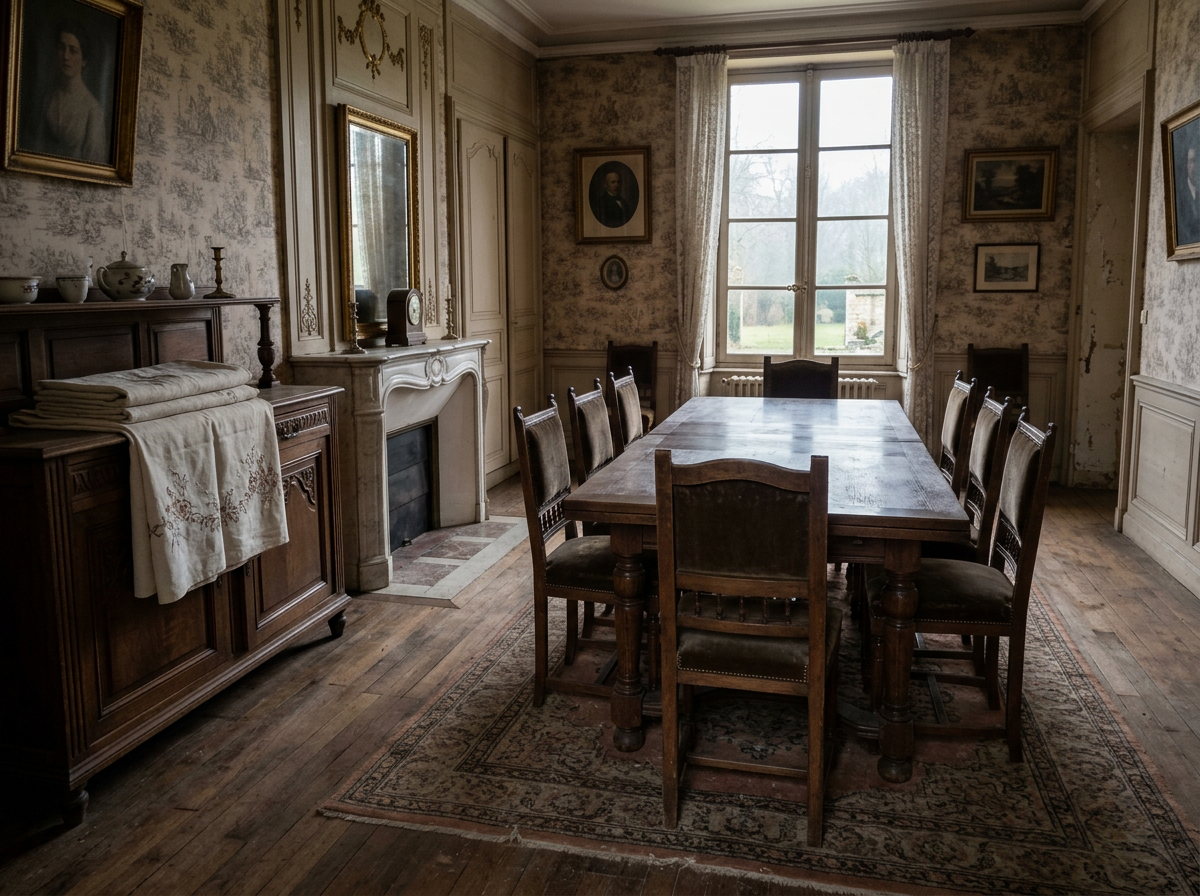Salle à manger vide, nappe brodée rangeée