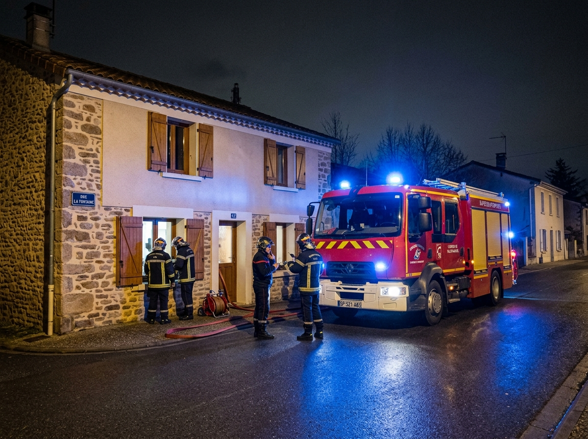 Camion de pompiers devant une maison la nuit