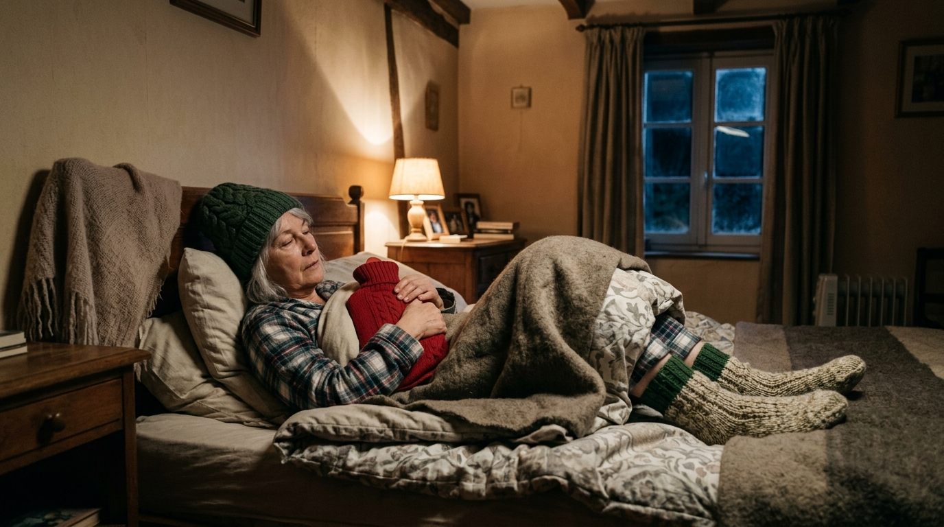 Femme couchée avec chaussettes et bouillotte, chambre froide