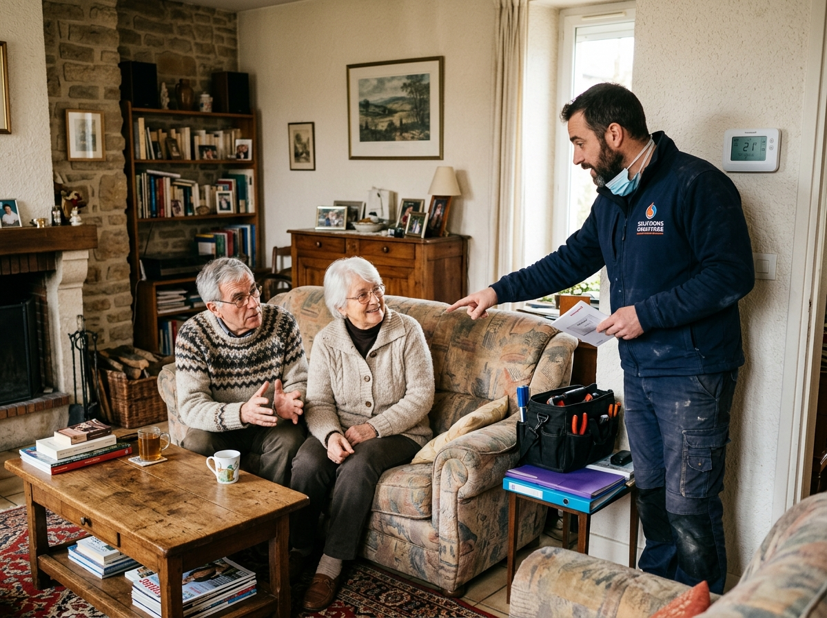 Technicien expliquant le fonctionnement du chauffage à un couple