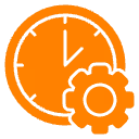 Orangenfarbene Uhr mit einem stilisierten Zahnrad, das Zeitmanagement symbolisiert.