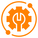 Orangenes Zahnrad mit integriertem Schraubenschlüssel und einem Kreis aus Punkten, Symbol für technischen Support.