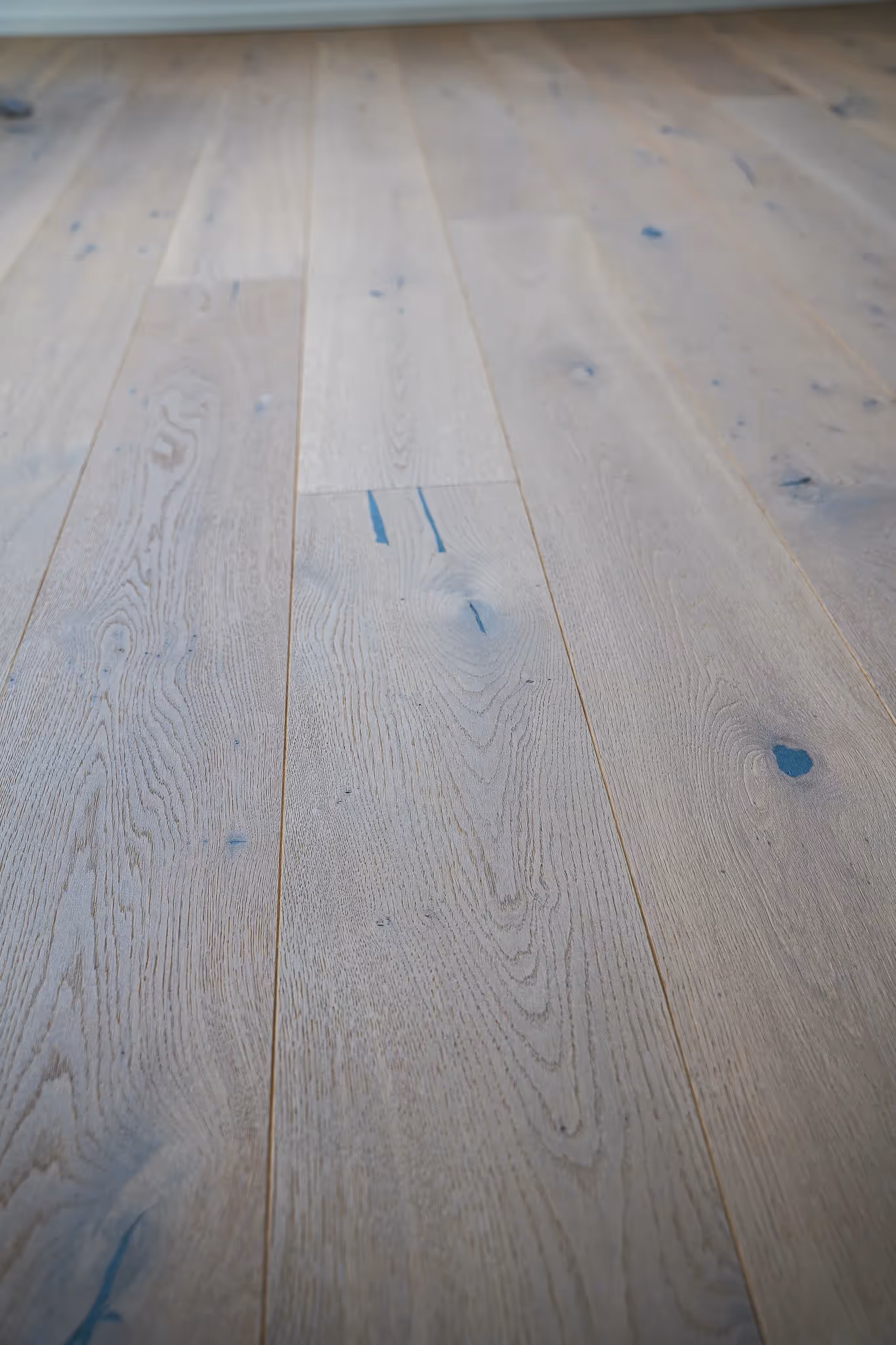 Nahaufnahme eines hellen Holzbodens mit blauen Maserungen und Knoten.