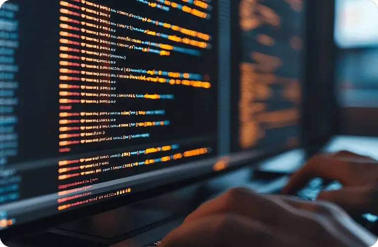 Hands writing code.