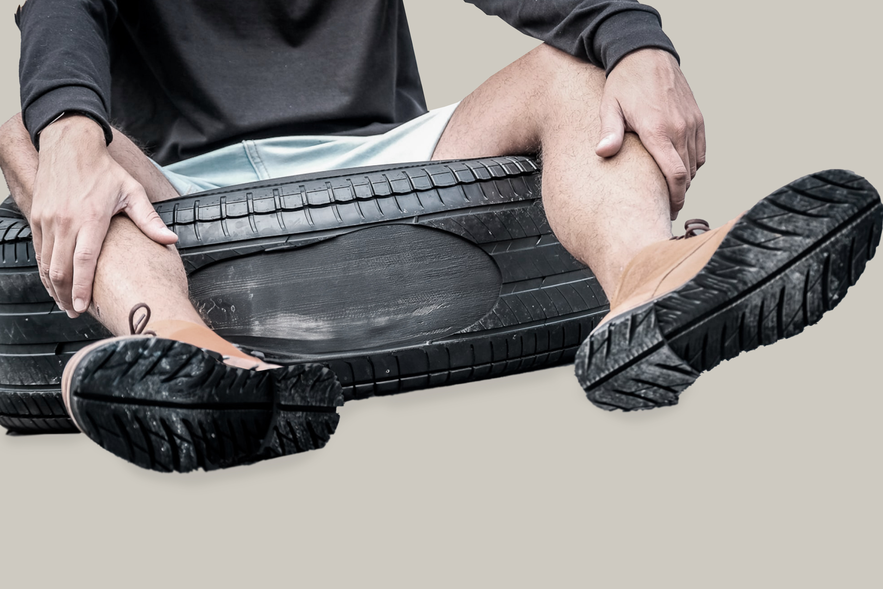Fotografía de hombre sentado en el neumático del que han salido las suelas de sus zapatos. 