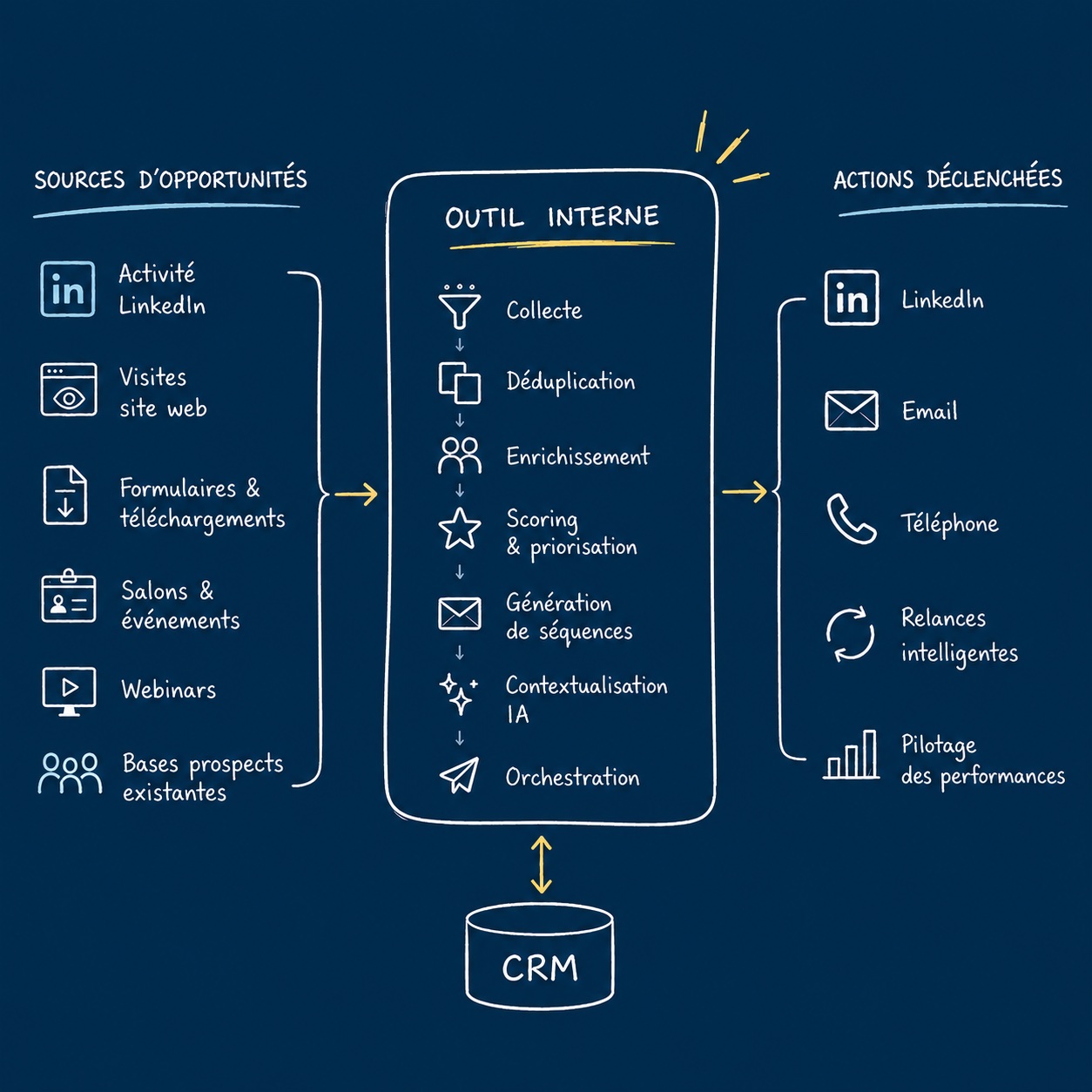 Diagramme montrant la détection de signaux LinkedIn et web, leur traitement par un outil interne incluant collecte, déduplication, scoring, IA, et leur transformation en actions comme LinkedIn, email, téléphone, relances intelligentes et pilotage CRM.