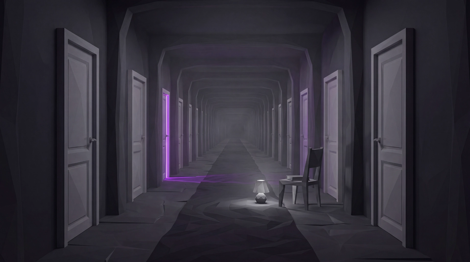 Dunkler Low-Poly-Korridor mit geschlossenen Türen, einer einzelnen violett leuchtenden Tür und einer Lampe am Boden