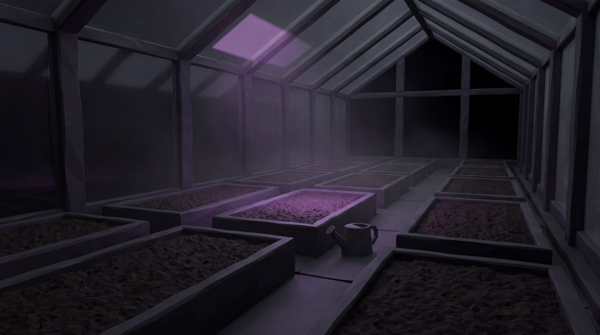 Dunkles Low-Poly-Gewächshaus mit leeren Beeten und einem einzelnen violett leuchtenden Beet