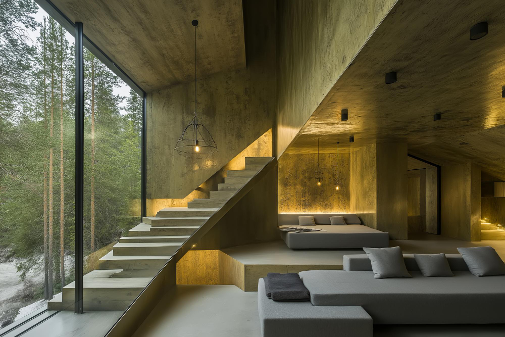 stylish home interior large window pine trees