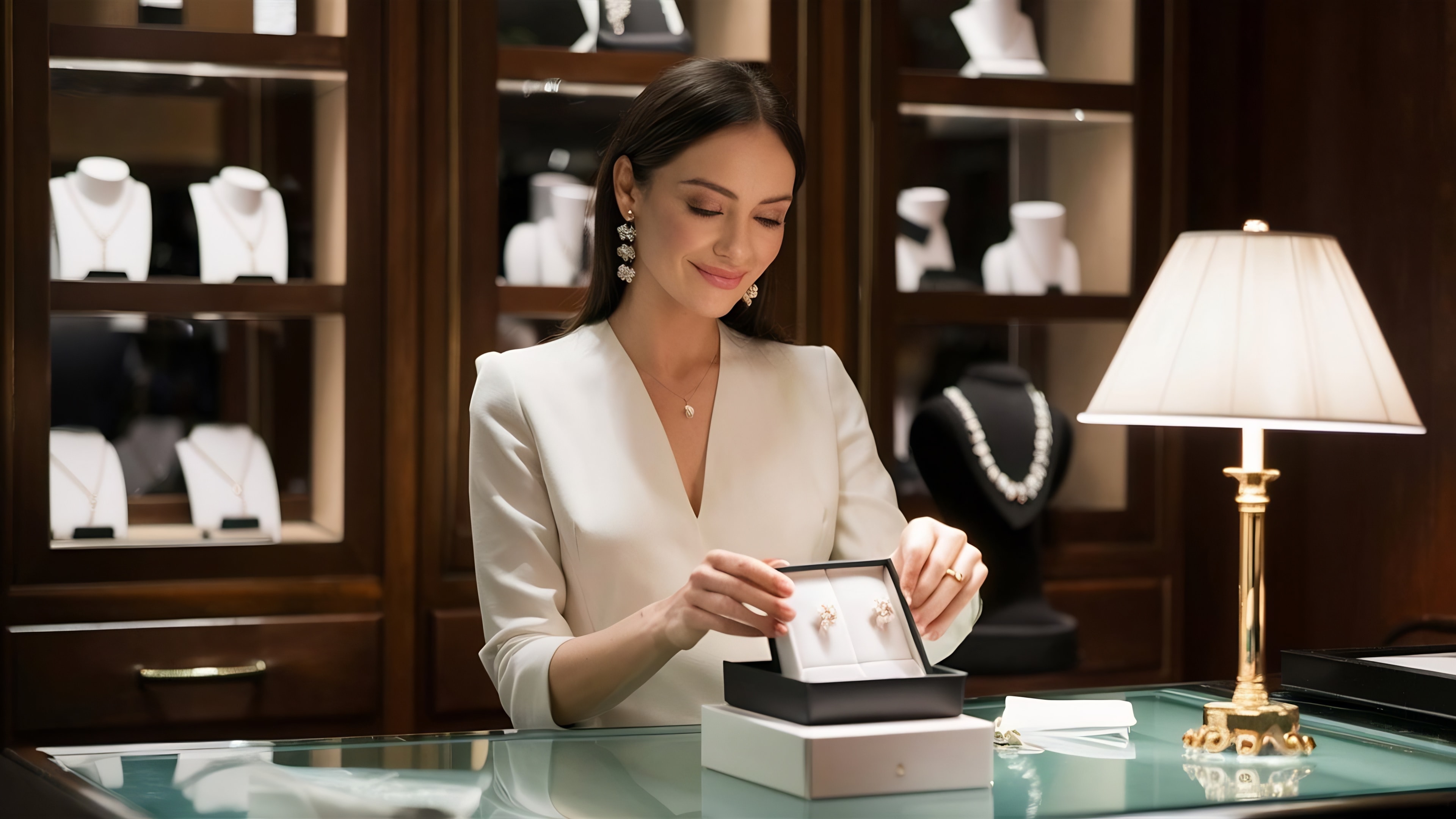 Portrait of elegantly dressed woman seller packs precious earrings in a box for her client in a lux