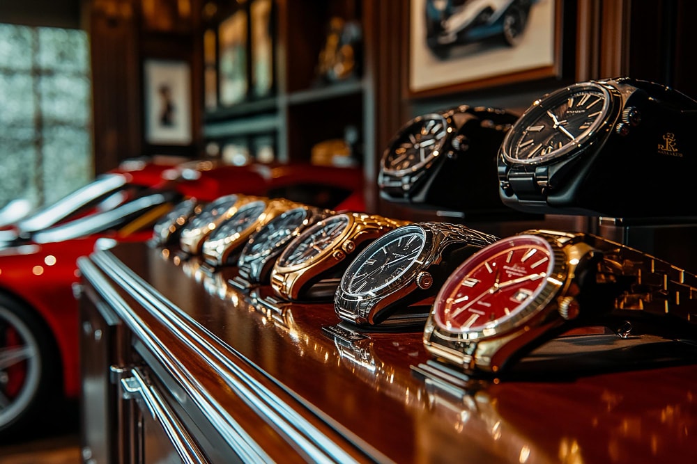 Display board featuring rolex watches sports cars and accessories luxury lifestyle showcase