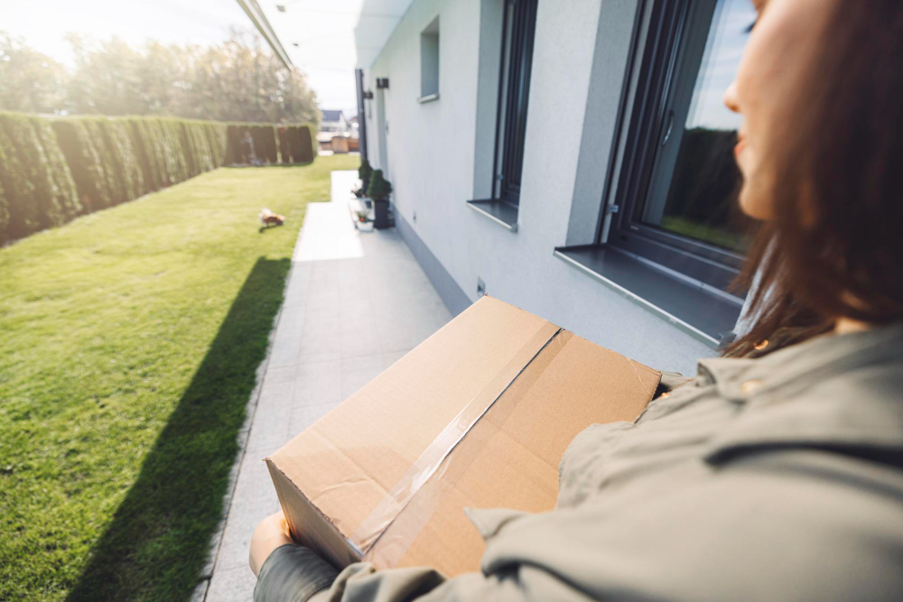 woman holding box moving into new home