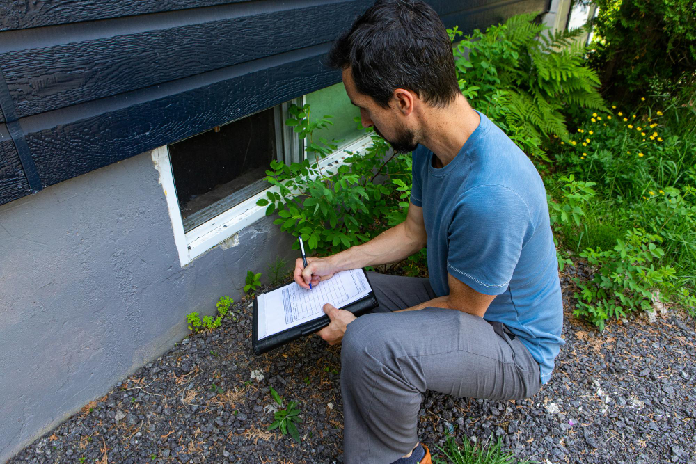man checking foundations of house