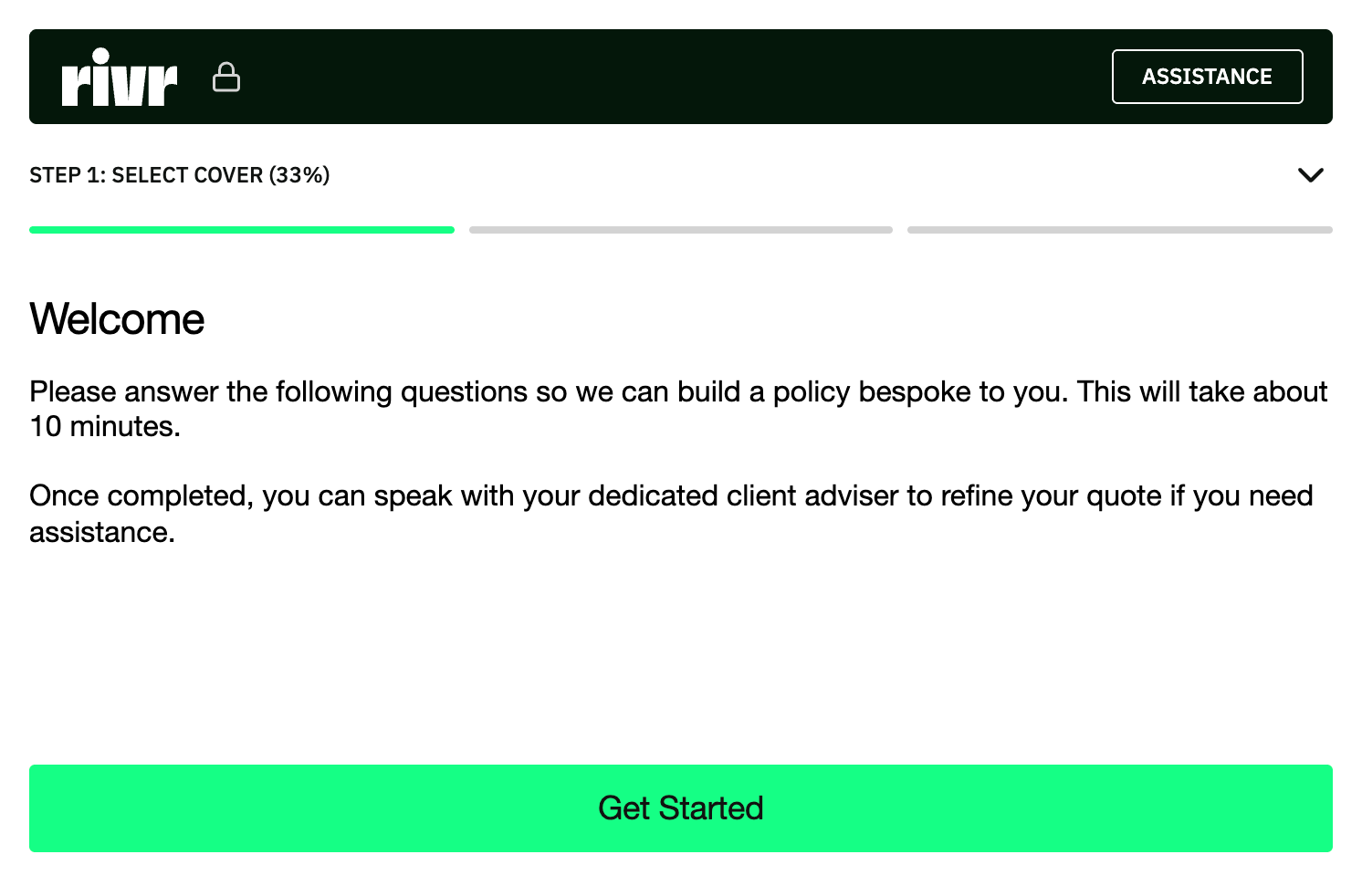 rivr digital high value home insurance onboarding screen