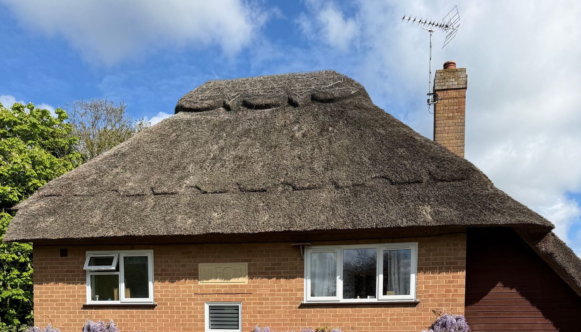 thatched roofed house in uk sunny day