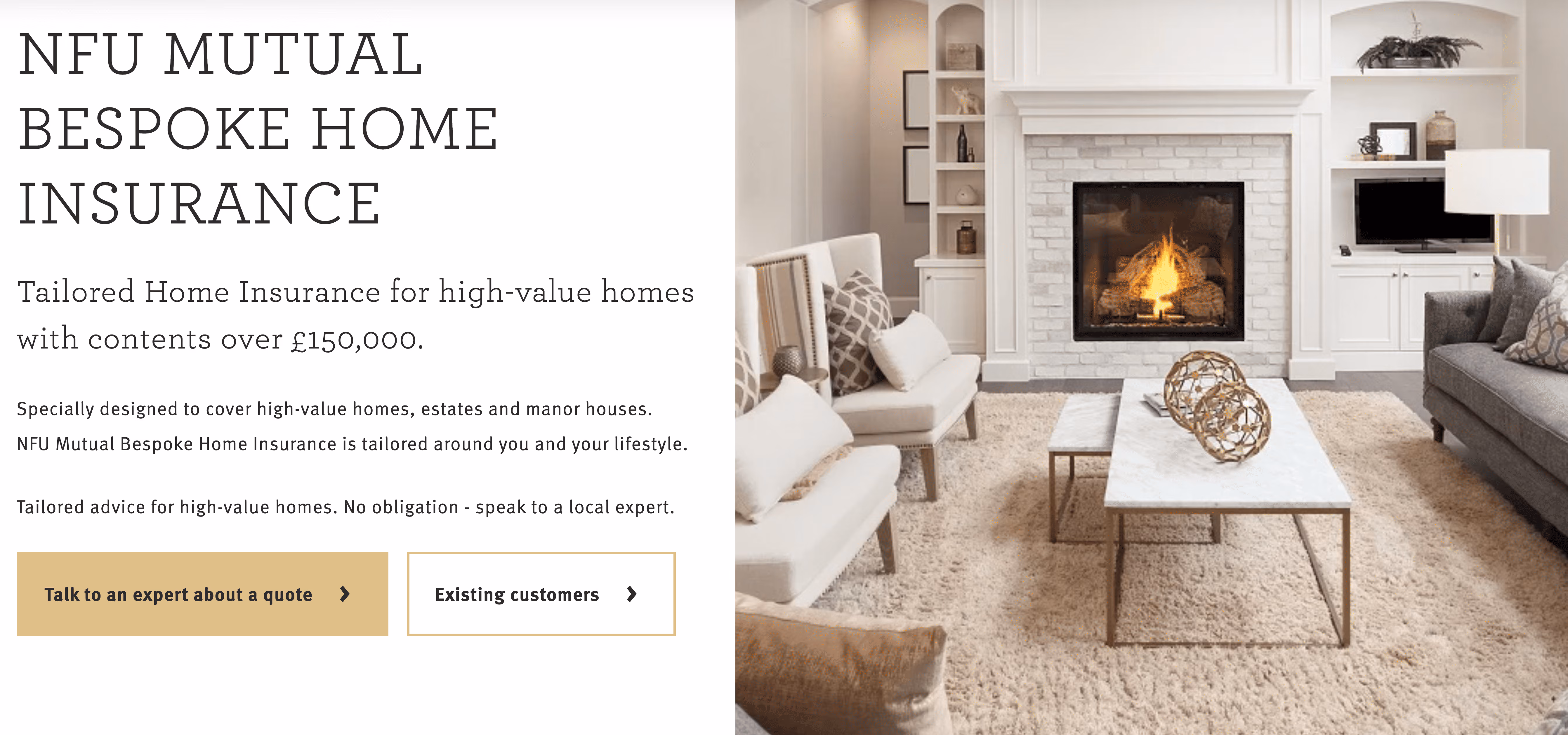NFU Mutual Bespoke Home Insurance page, "Tailored Home Insurance for high-value homes with contents over £150,000"