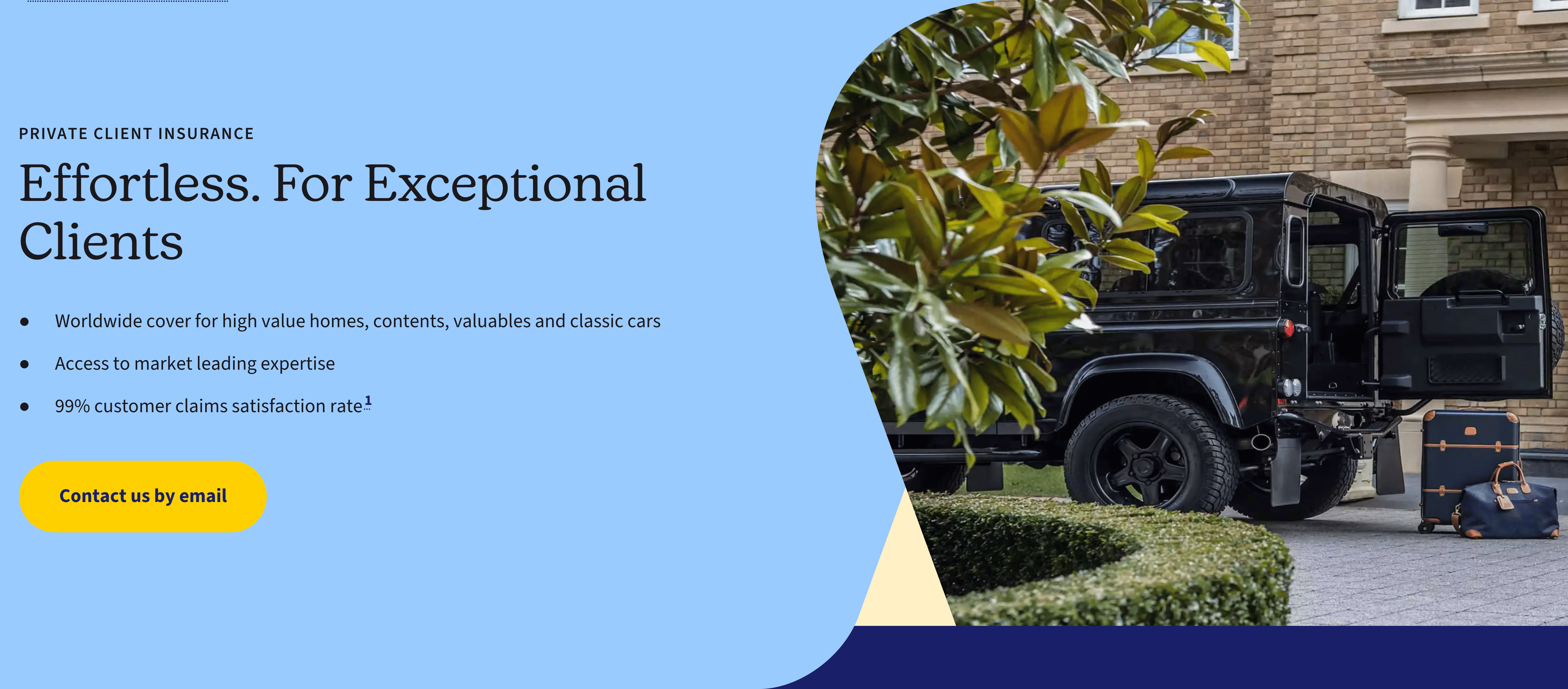 Aviva Private Client Insurance hero section, "Effortless. For Exceptional Clients," listing worldwide cover for high-value homes, contents, valuables and classic cars, and a 99% customer claims satisfaction rate