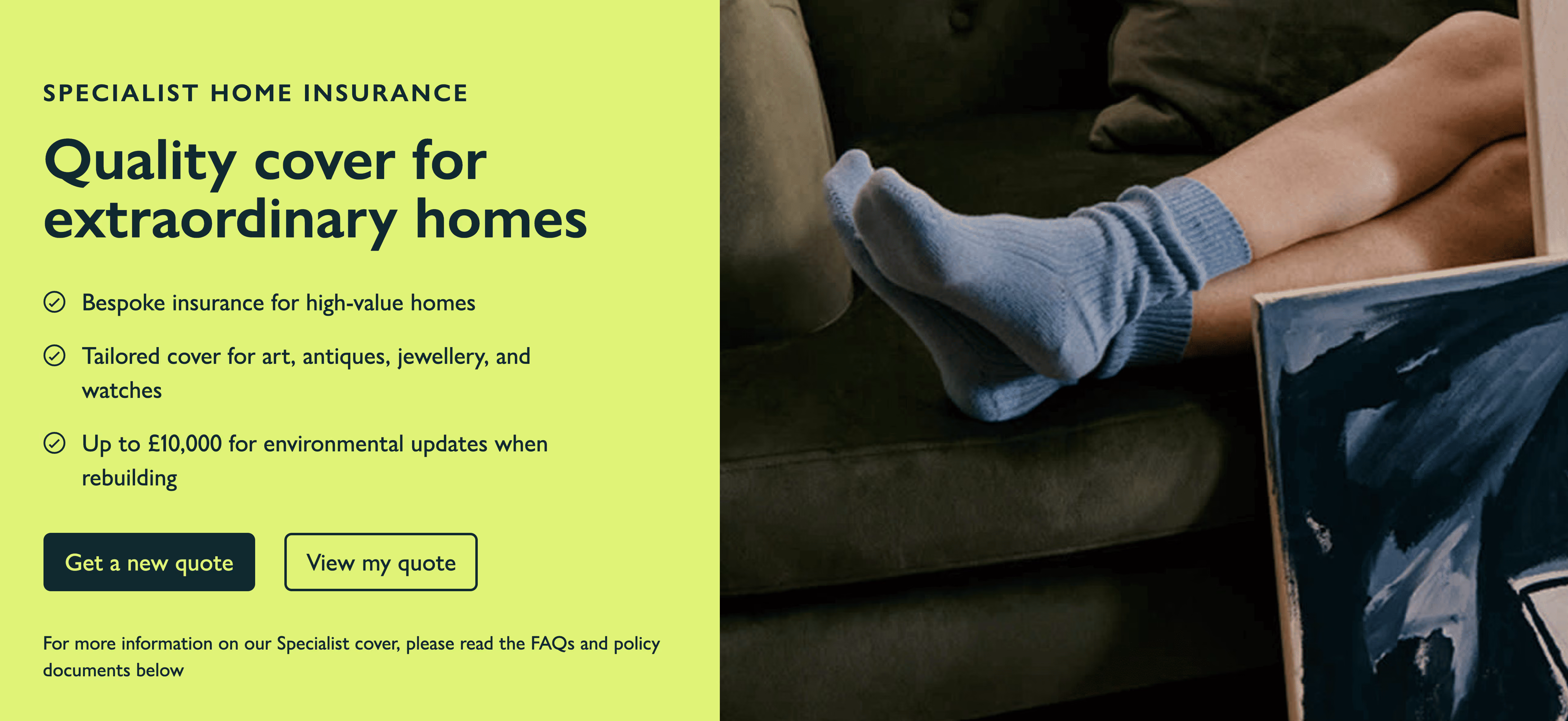 John Lewis Specialist Home Insurance page, "Quality cover for extraordinary homes," listing bespoke cover for high-value homes and tailored cover for art, antiques, jewellery and watches
