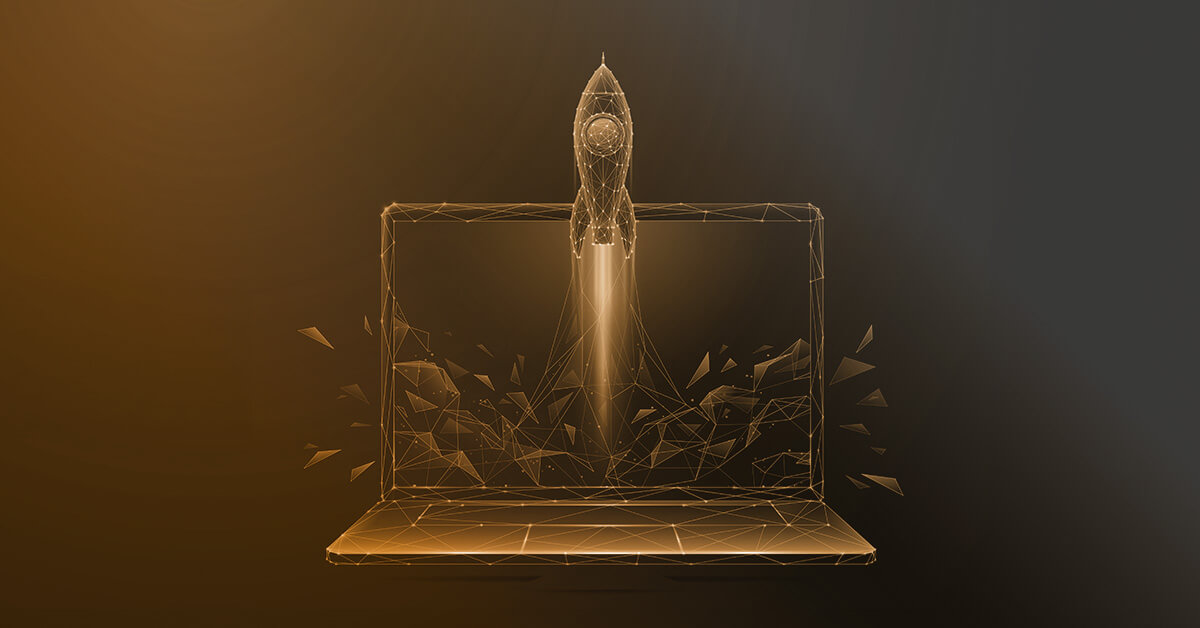 Digitale Illustration von einer Rakete, die aus einem Laptop-Screen startet.